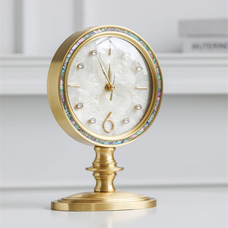 Retro Light Luxury Brass Table Clock Fashionable Colorful Shell Desktop Clock Home Desktop Silent Clock Decorative Ornament