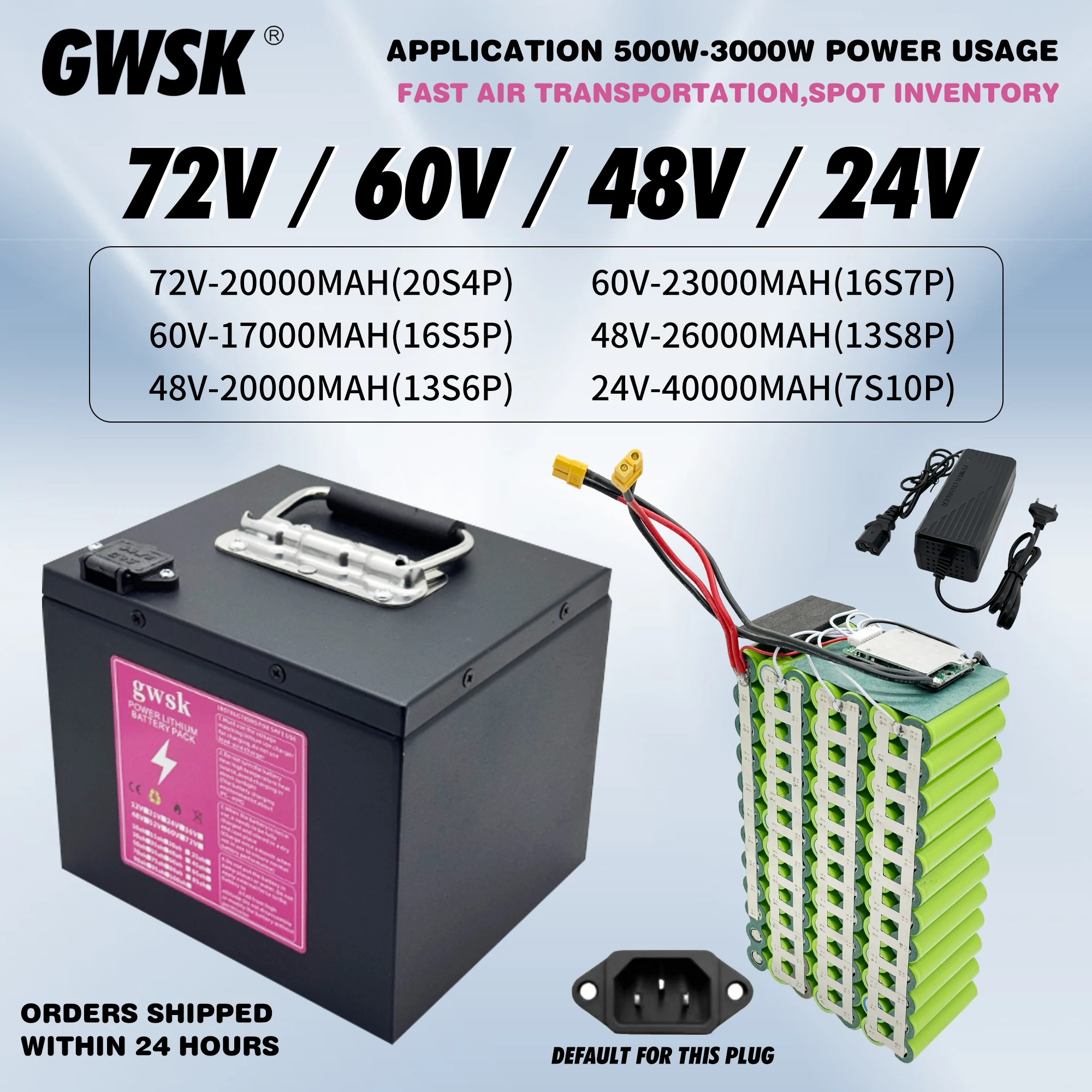 

Air freight, iron box GWSK, 24V/60V/72V, in stock. Brand new 18650 lithium battery, suitable for motors below 3000W