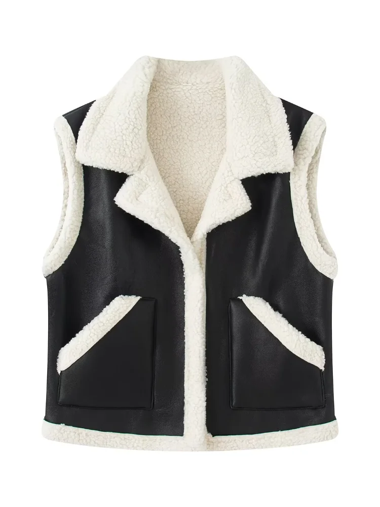 التباين لامب التلبيب سترة صوف المرأة عادية الخامس الرقبة أكمام واحدة الصدر قصيرة أفخم سترات 2026 سيدة الشتاء الشارع ارتداء جديد #3