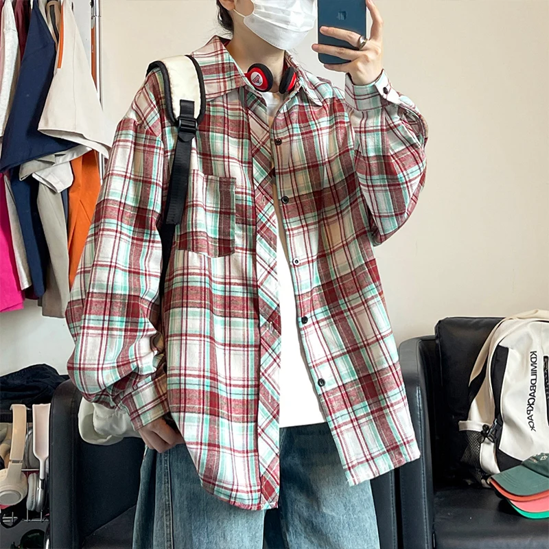 Autumn Long Sleeved Shirt Men Oversized Fashion Retro Casual Shirt Men Streetwear Korean Loose Plaid Shirt Mens Vintage Shirts