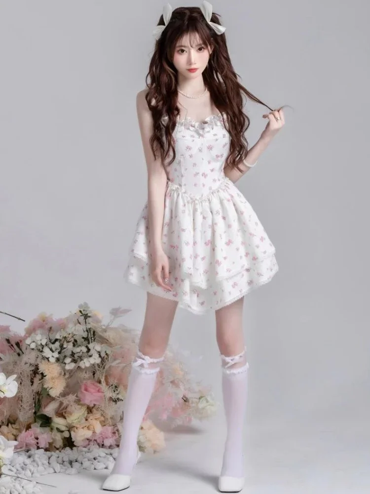 Mini vestido floral feminino, princesa, projetado em camadas, estético, estilo coreano, império, estudantes, casual, novo, verão