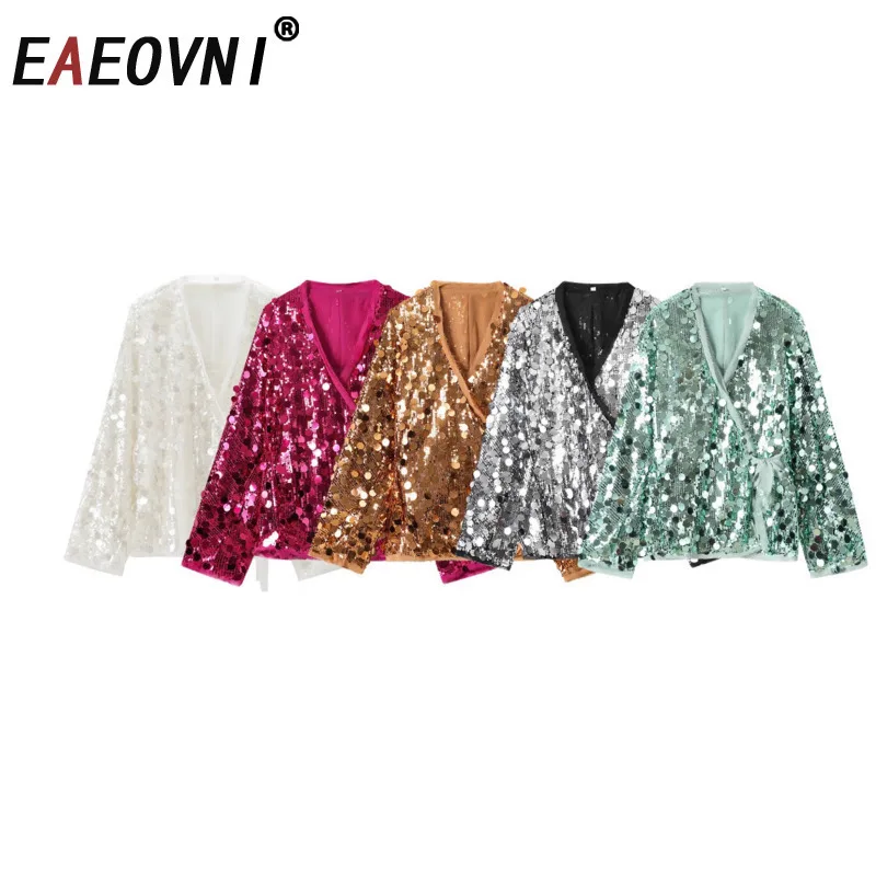 

EAEOVNI Sequins Spliced Design Women's Blouse Fashion V Neck Long Sleeve Lace-up Gathered Waist Tops Streetwear Clothing