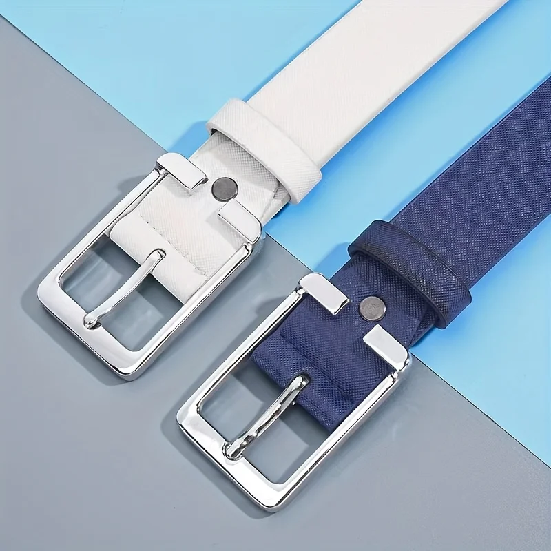 Men's White/Blue Golf Belt, Square Buckle Embossed Casual Belt