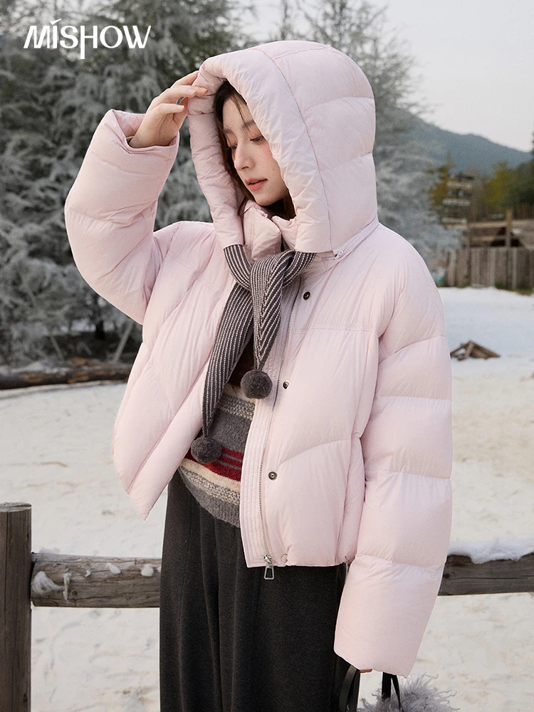 MISHOW Women's Pom-Pom Hooded Down Jacket 2025 Winter Sweet Short Lightweight Down Jackets Warm Windproof Coat MXE92Y0088