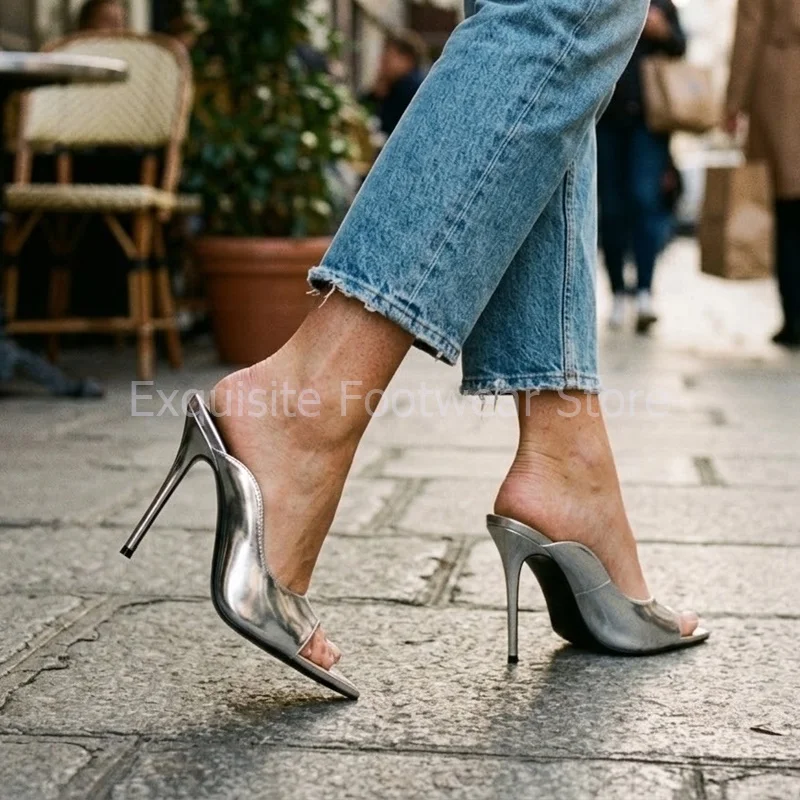 Women Pointed Toe Peep Toe Stiletto High Heels Slip On Mules Sexy Satin Patent Leather Party Sandals Banquet Dress Pumps Shoes