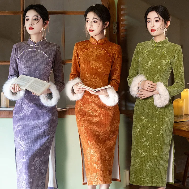 

Зимний стиль, плотное китайское повседневное длинное улучшенное платье Cheongsam в молодежном стиле, женское ретро-платье с длинными рукавами Qipao