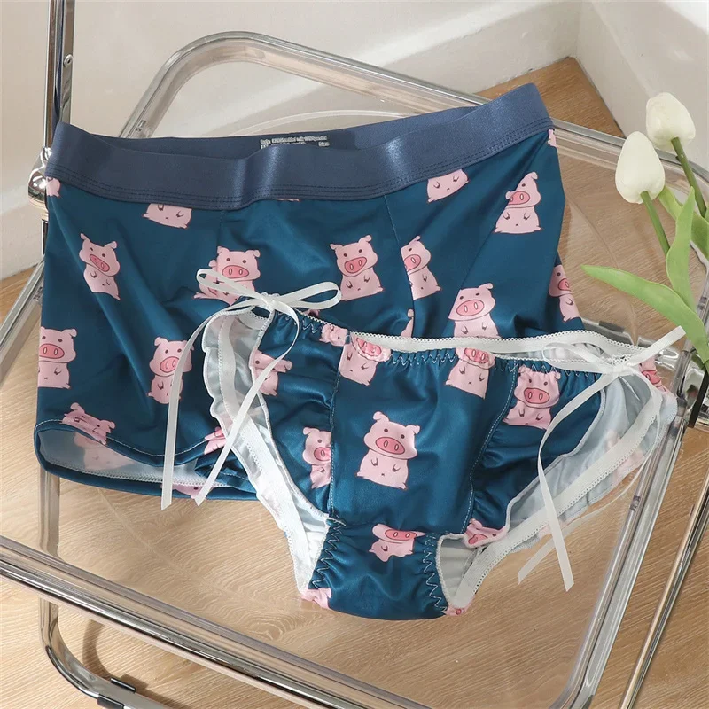 

2PCS Couple Underwear Women Lingerie Men's Boxers Panties Kawaii Pigs Panties Women Boy Girls Lovers Underpants Lingeries