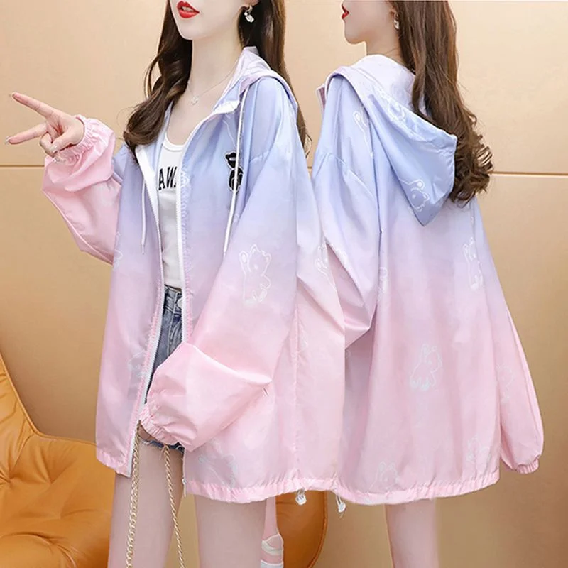 New Summer Thin Breathable gradient Sun protection Jacket Women wearing UV protection Hooded Cardigan Outwear Ladies Tops