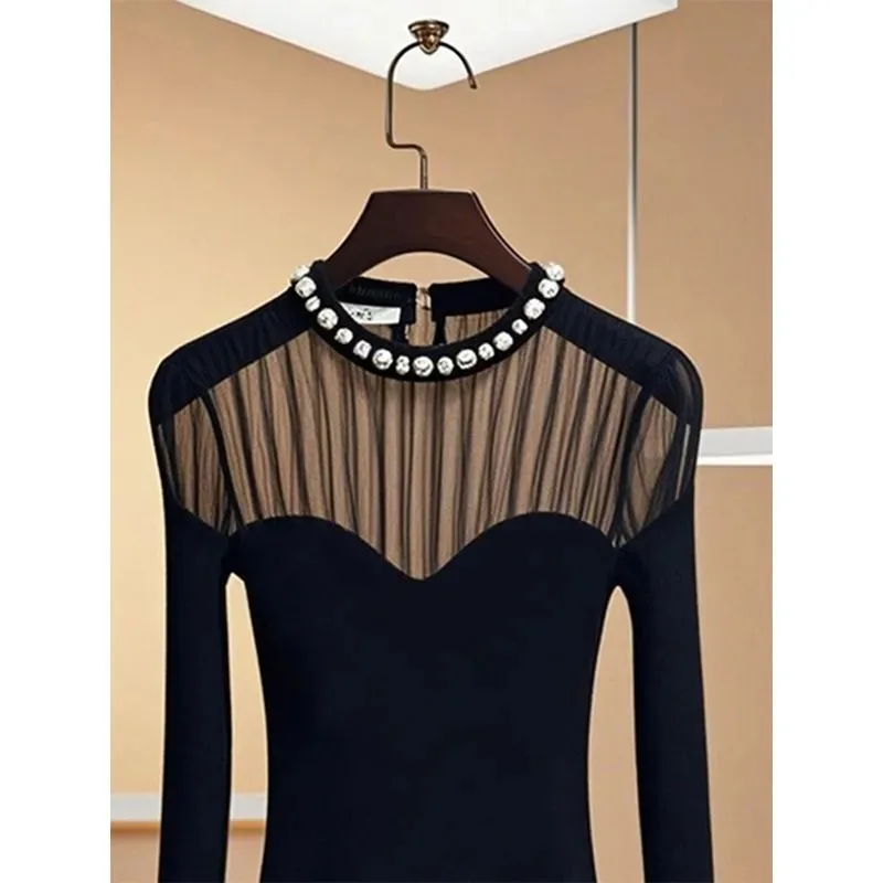 

Chic And Unique French Style Black Stitching Mesh T-shirt For Women In Winter