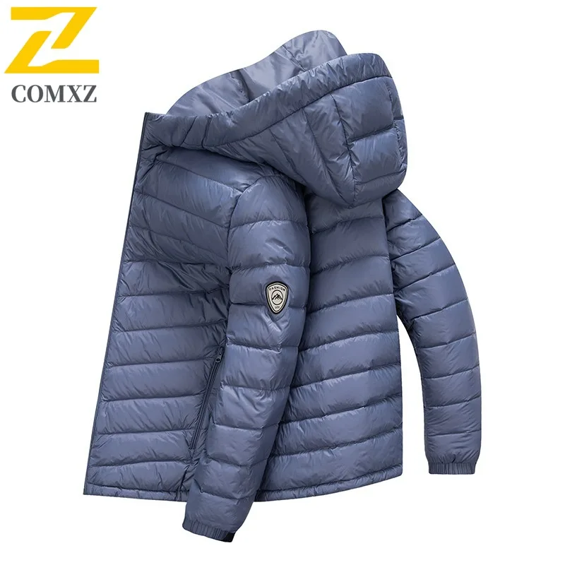COMXZ 2025 Mens Winter Hooded Puffer Jacket Casual Outdoor Sport Waterproof Windproof Lightweight solid color Warm Windbreaker