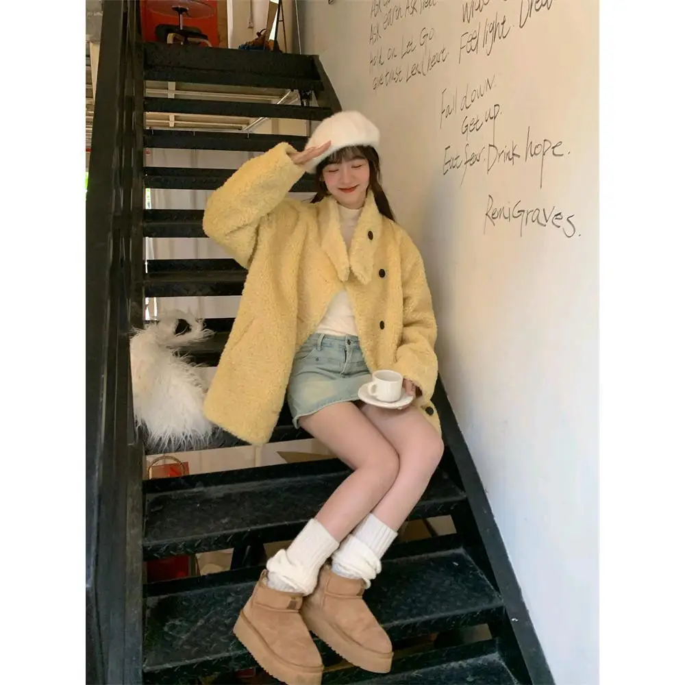 

Instagram-Style Women Winter Artificial Fur Coat Furry Collar Single Breasted Female Mink Fur Coat Minimalist Lady Eco Fur Coat