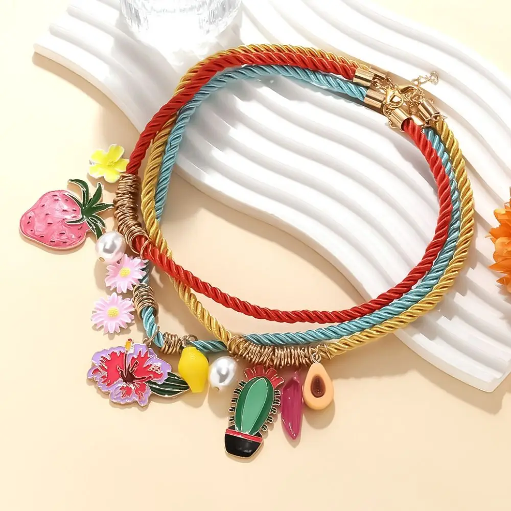 

Ethnic Style Flower Pendant Necklace Fruit Strawberry Nylon Rope Necklace Jewelry Accessories Stacked Multi Layer Necklace Girls