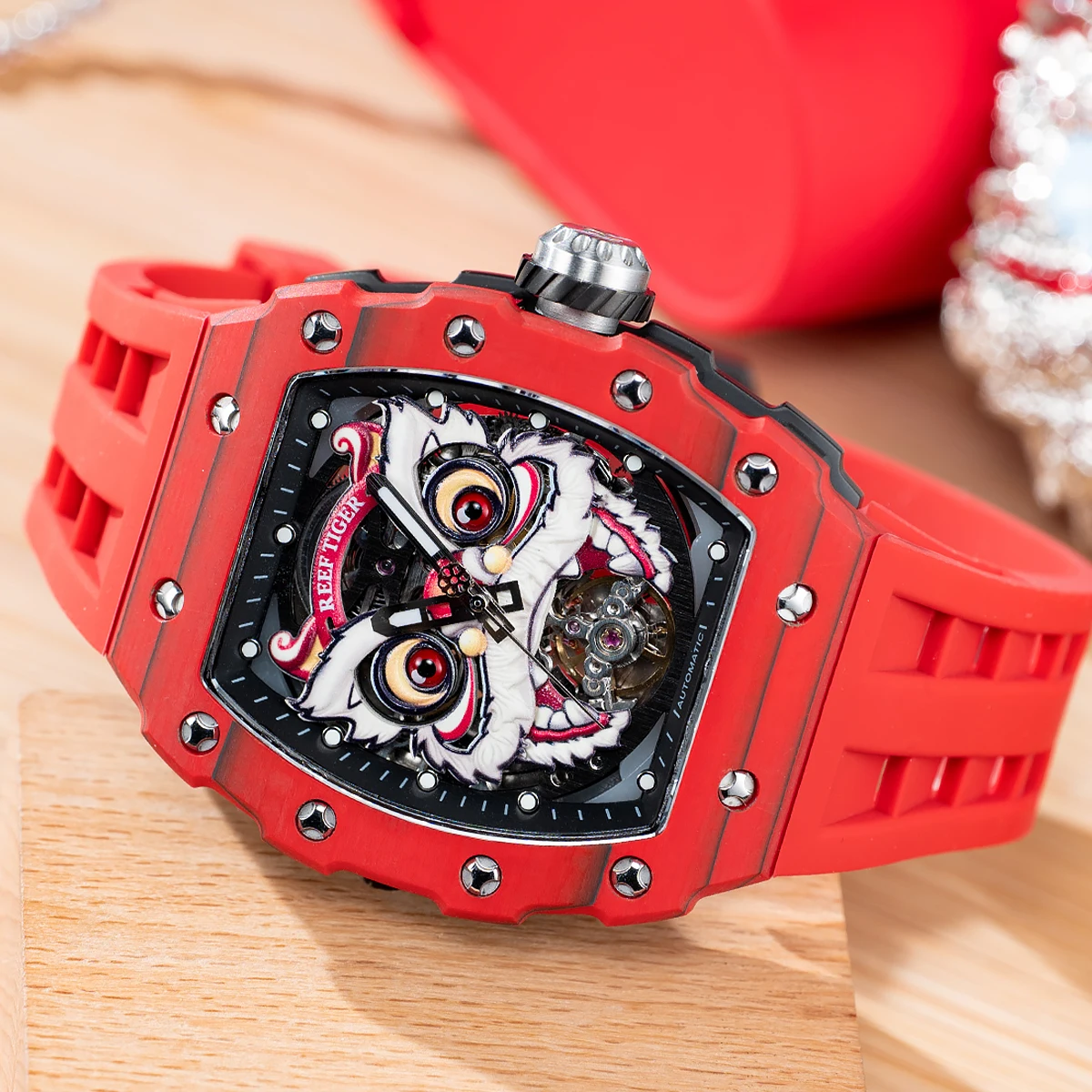 REEF TIGER Fashion Style Red Tonneau Lion Dance Automatic Watch for Men Super Lumious Waterproof Rubber Watches Reloj RGA3009-L