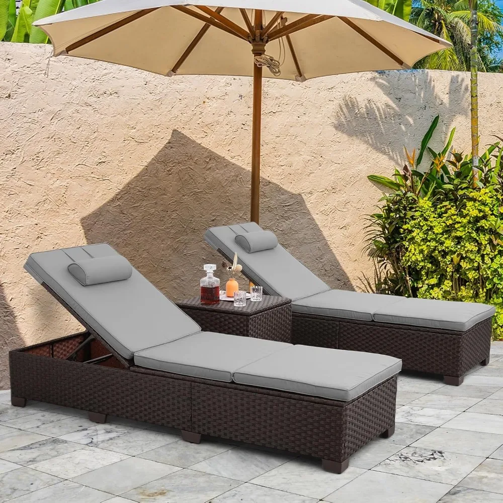 

Outdoor PE Wicker Chaise Lounge Set, Patio Lounge Chairs, Outside Poolside Lounger Furniture Set of 3, Brown Rattan Recliners wi