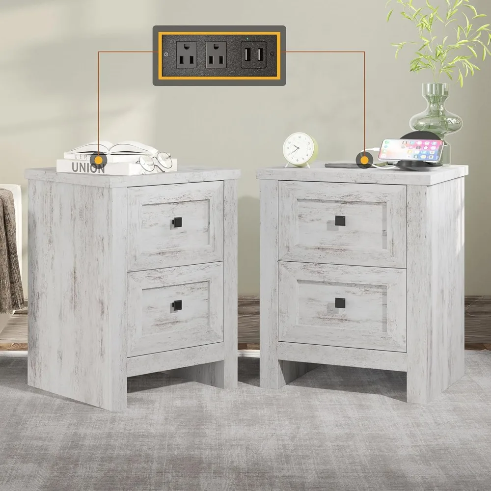 

Large Nightstand Set of 2 with Charging Station, Bedside Table with USB Ports and Outlets, Farmhouse Wood End Table for Bedroom