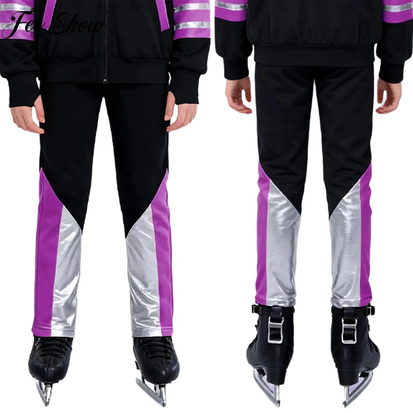 

Children Boys Figure Skating Training Pants Stretchy Warm Fleece-Lined Color Block Trousers Practice Performance Bottom Costumes