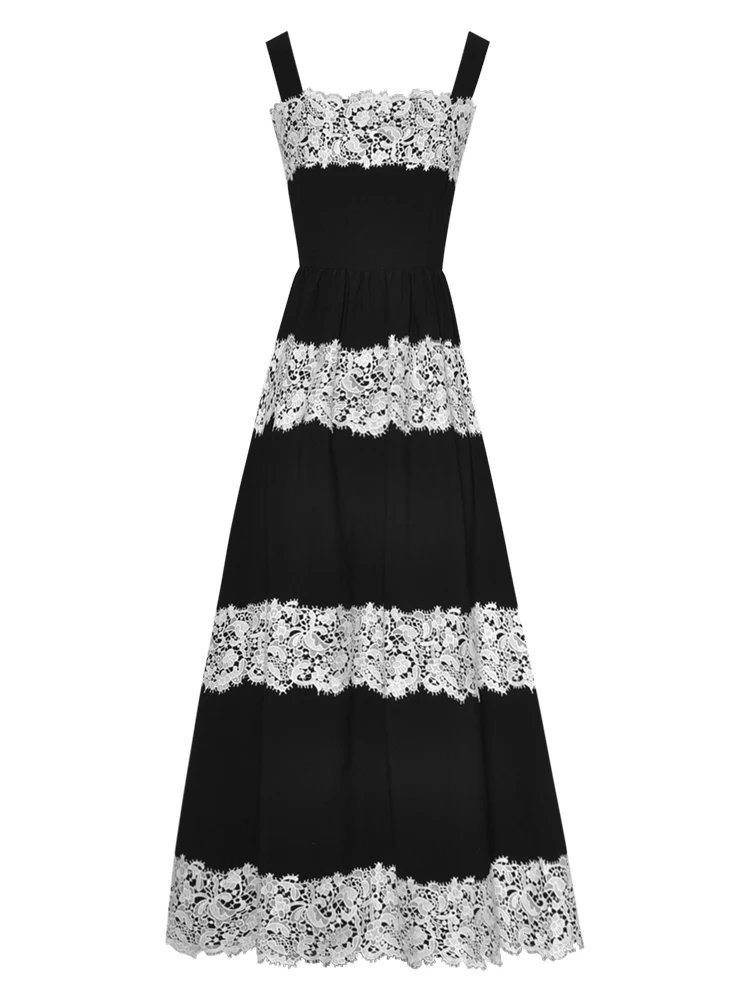 

New Summer High Quality Women'S Fashion Unique Vintage Luxury Runway Sexy Casual Party Black Lace Stripes Girls Midi Strap Dress