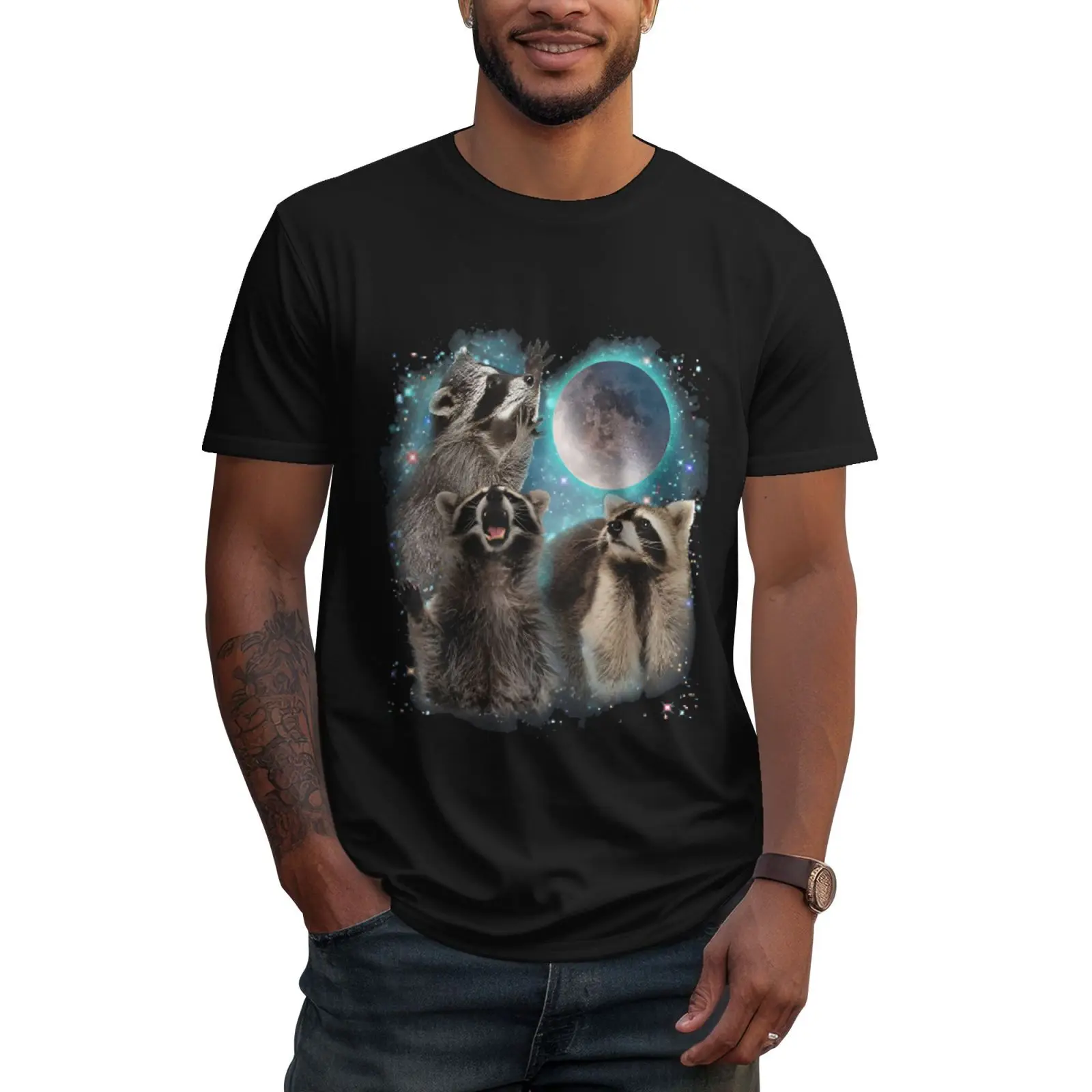 

3 Racoon Moon Howling Raccoon Head Printed TShirt 100% Cotton Soft Comfortable Unisex Sizes S-6XL Cool Graphic Design for Casual