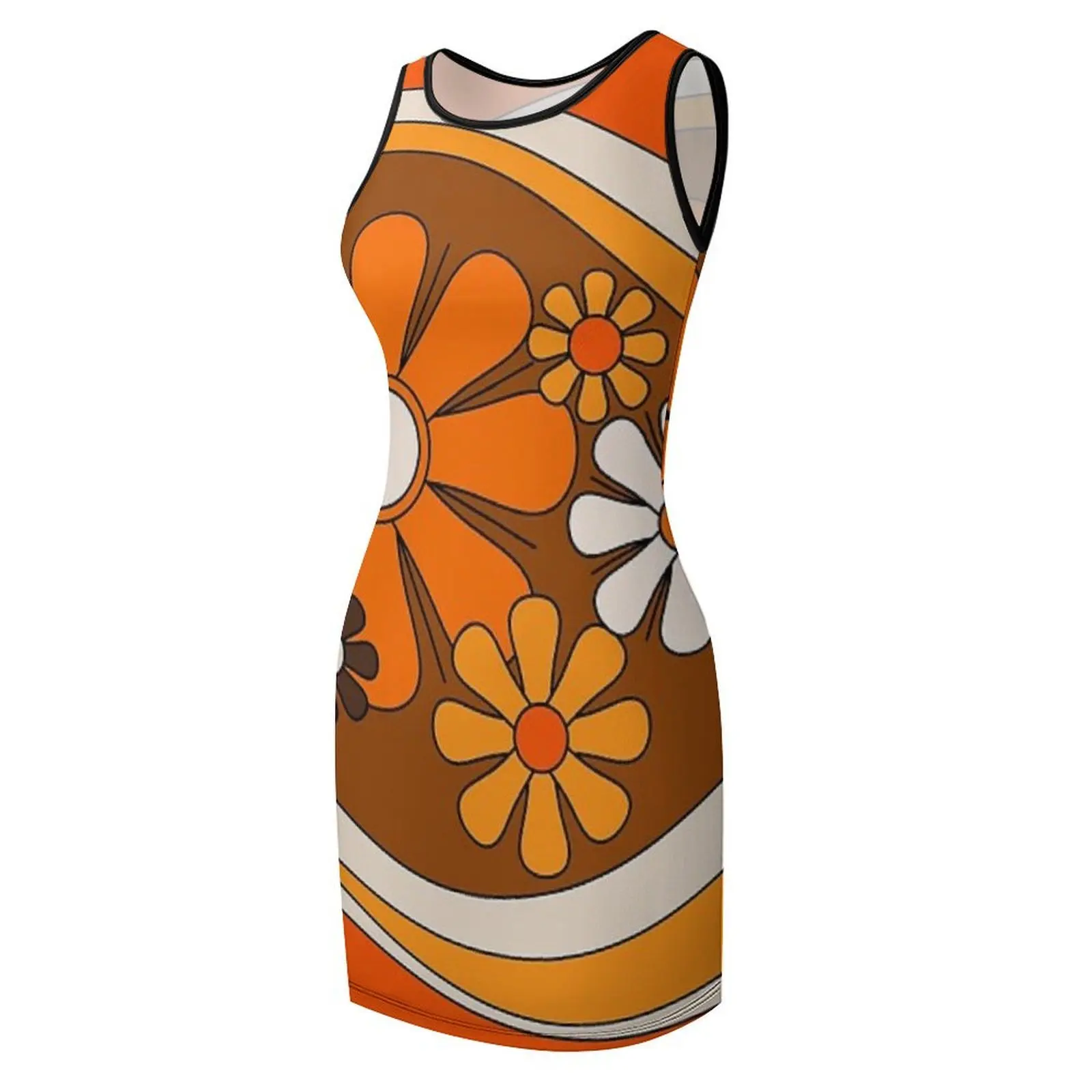 Floral Daydream Modello retrò foderato a fiori in anni '70 Abito estivo senza maniche arancione e marrone Abiti da ballo vestono l'estate