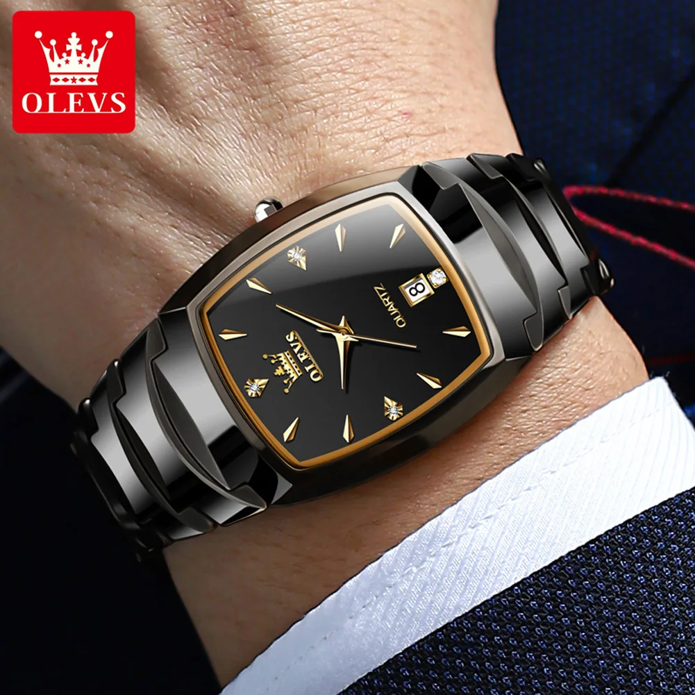 OLEVS 7006 Luxury Original Men Watches Tonneau Tungsten Steel Strip Quartz Watch Luminous Waterproof High-Grade Wristwatch