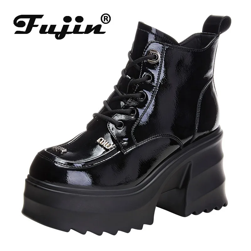 Fujin 9cm lakierowana skóra z mikrofibry botki na grubym obcasie platforma klinowe damskie wulkanizowane zwiększ Casual wysokie obcasy buty ZIP