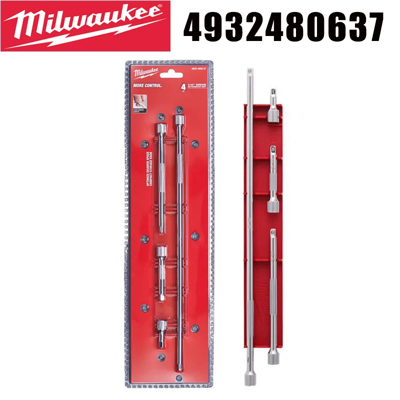 Milwaukee 4932480637 Juego de 4 barras de extensión para llaves de vaso de 1/4 pulgadas (38/76/152/356 mm) cromadas para llave de carraca y reparación automotriz