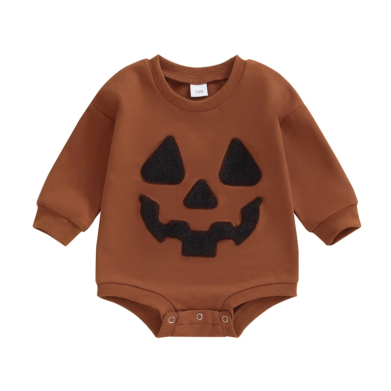 

Baby Girls Boys Sweatshirts Rompers Halloween Clothes Pumpkin Face Patch Long Sleeve Toddler Fall Bodysuits