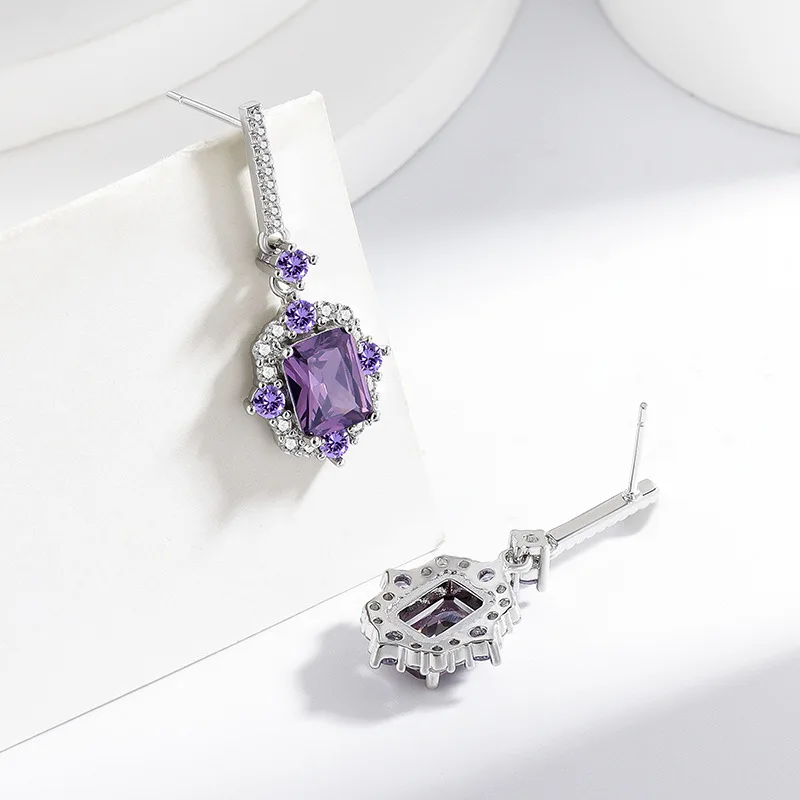 Vintage Amethyst Tropfen-Ohrringe für Damen, 925 Silber Zirkon Hängeohrringe, Luxuriöser Brautschmuck für Hochzeit und Partys – Detail 4