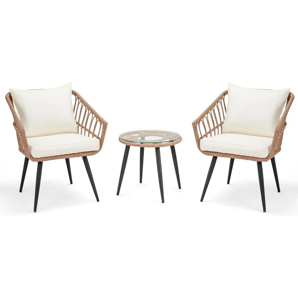 

3 Piece Wicker Patio Set, Outdoor Rattan Set with Glass Top Table, Chairs, and Cushions, All-Weather Conversation Furniture Sets