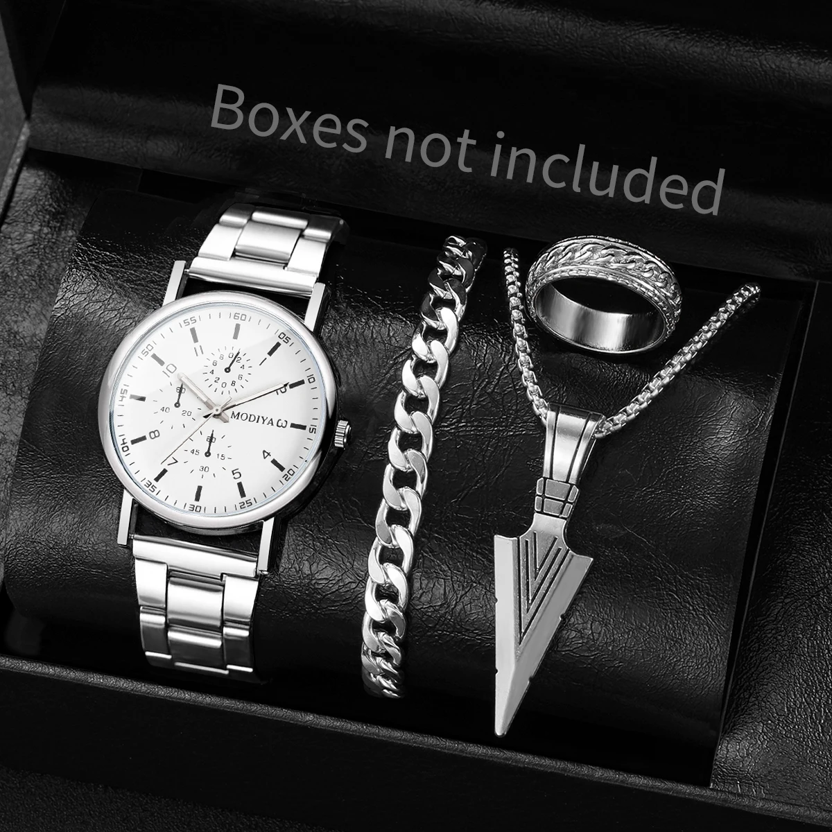 4PCS Fashion Men Business Watches Jewelry Set Casual Analog Quartz Wristwatch for Man Clock Reloj Hombre（Without Box）