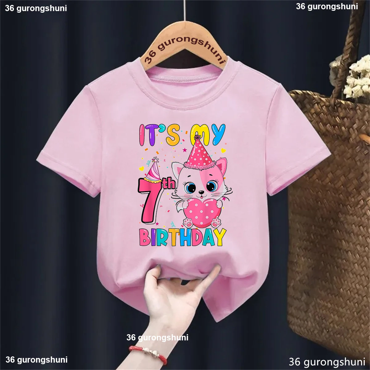 It Is My 7th/8th Birthday Gift Cat Graphic Print T Shirt Girls/Boys Kawaii Kids Clothes Funny White T-Shirt Summer Top Tshirt