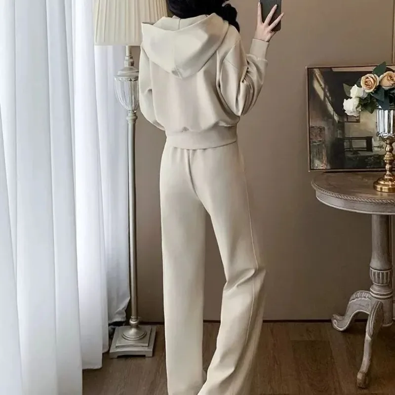 Women's Casual Sports Suit 2025 Spring and Autumn New Fashion Hooded Sweater Zipper Jacket Tops and Wide-leg Pants Two piece Set