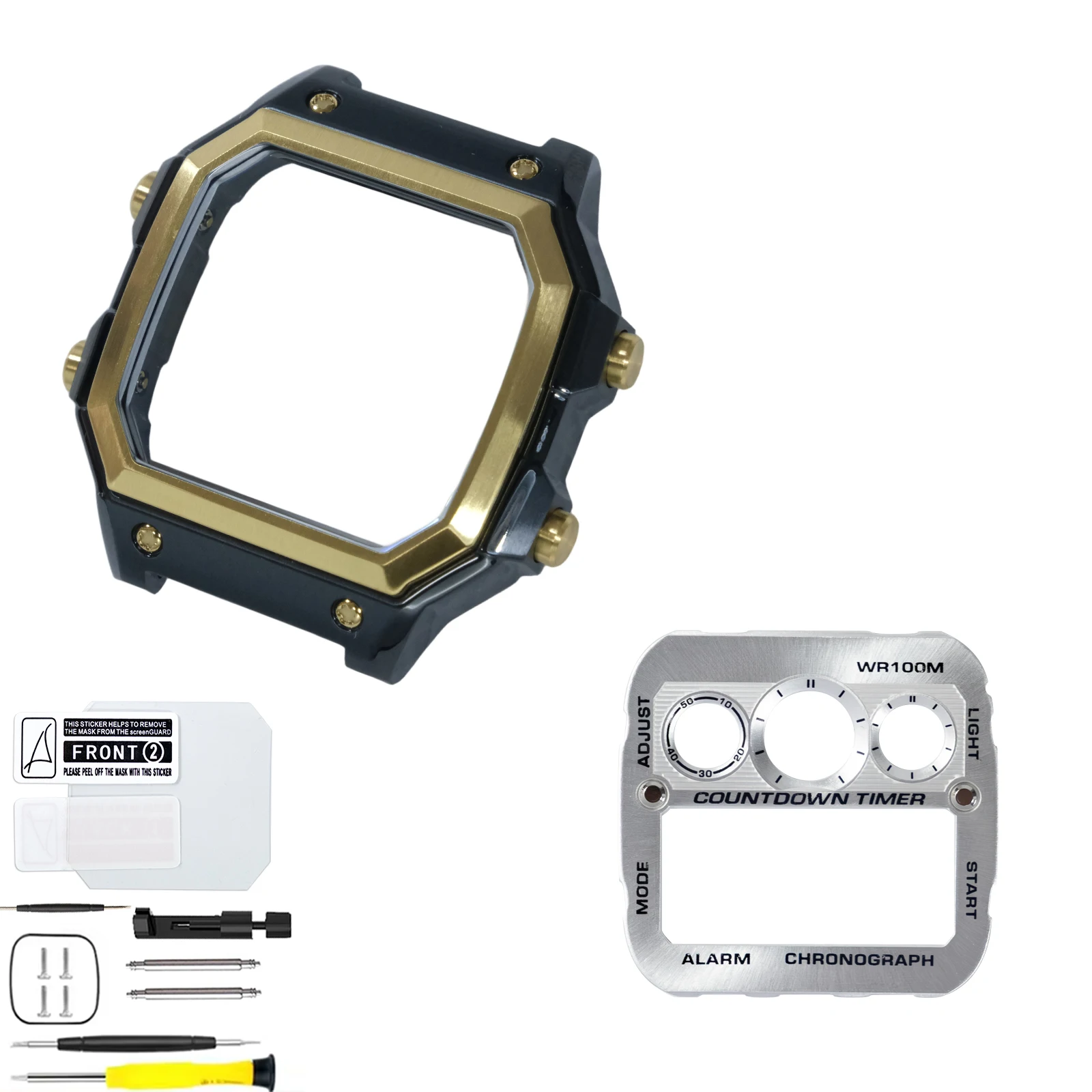 316L SS Gold Bezel Black Case Mod Kit for Casio AE1300, Metal Dial Royale Upgrade Watch Case Faceplate Set Royale Kit view 2