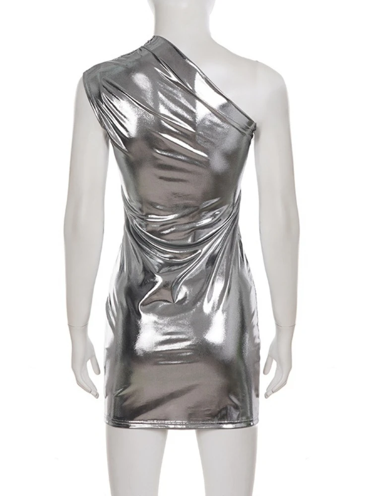 SsTss レディース セクシー シャイニー コーティング アシンメトリー ワンショルダー ボディコン ミニドレス、ソリッドカラー ノースリーブ スリム ボディコン ミニ パーティードレス