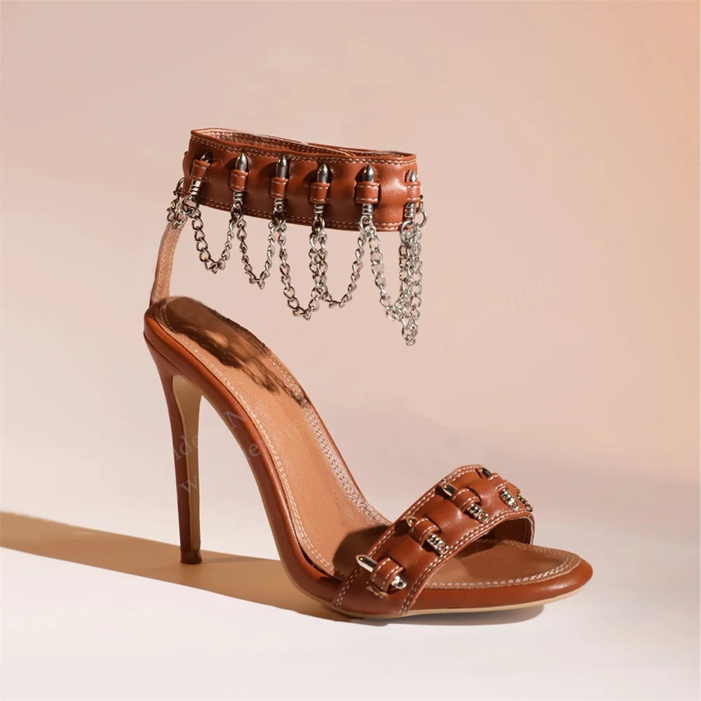 

Chain Fringe Strap High Heel Sandals Women Sexy Brown Leather Stiletto Heel Metal Decortion Elegant Summer Party Dress Shoes