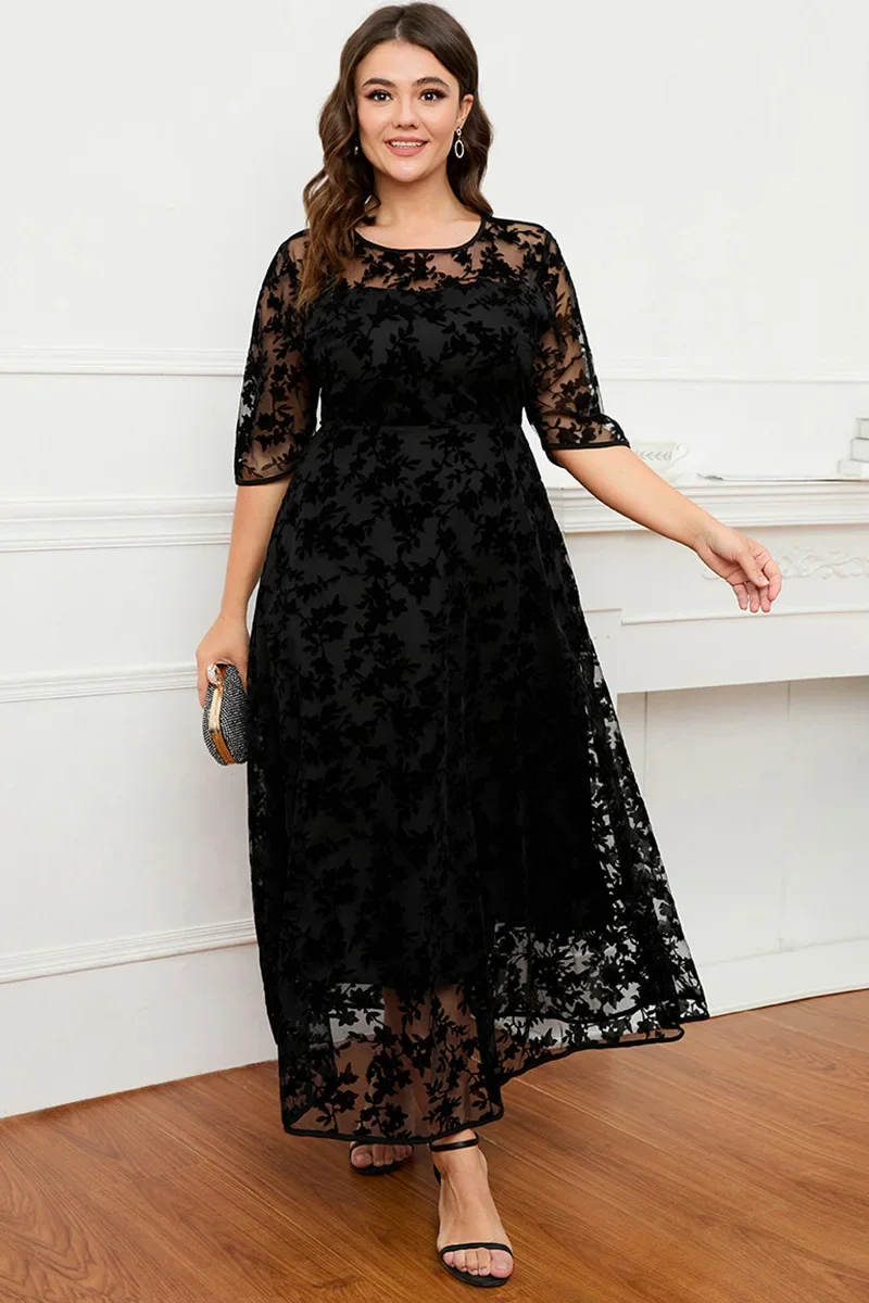 Plus Size Short Sleeve Maxi Dress Women Black Lace Flocking Mesh Velvet Double Layer Long Formal Dress Elegant Party Dress