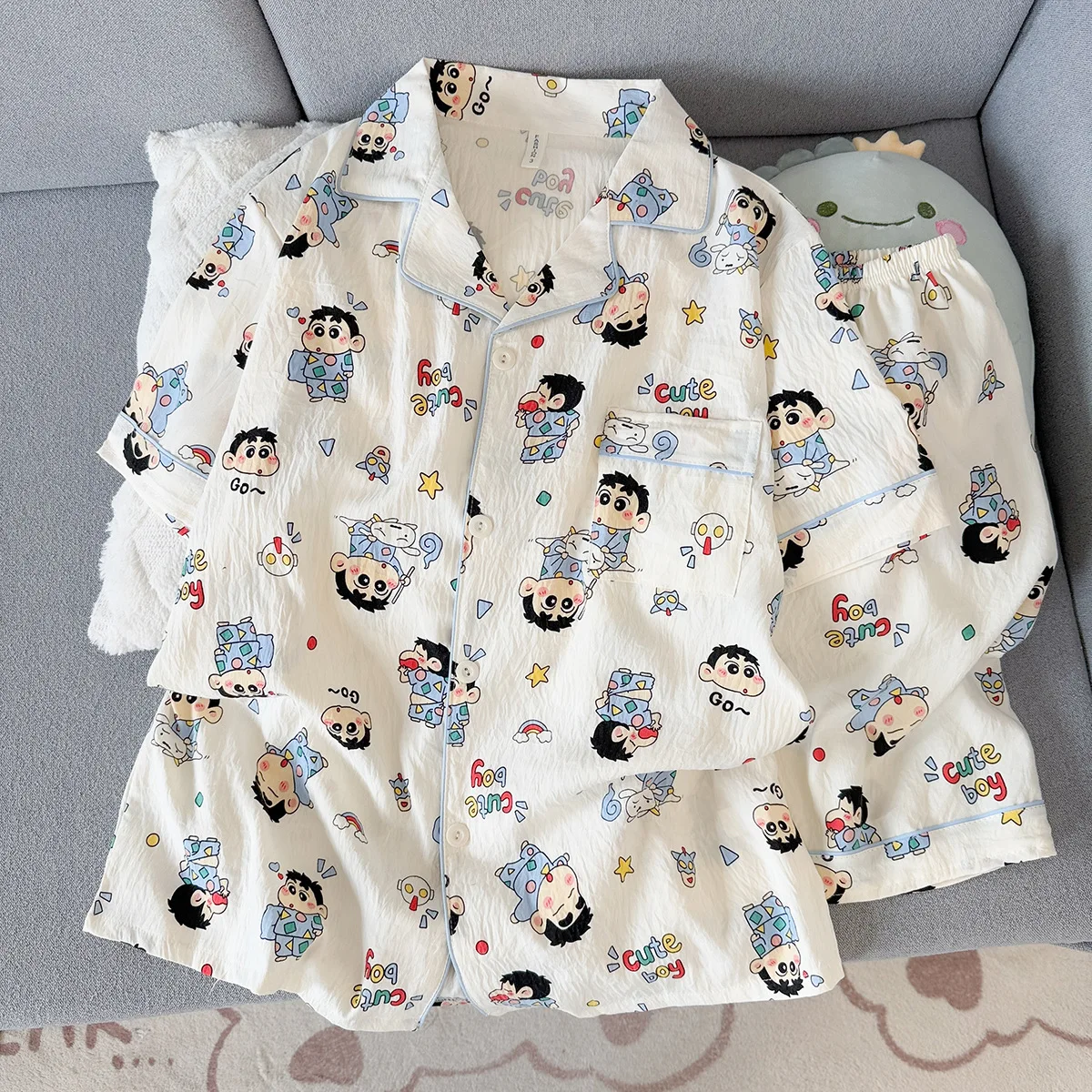 Kawaii 2Pcs Anime Crayon Shin-Chan Man Women Pajamas Set Soft Comfortable Sleepwear Cartoon Loose Pyjama Set Loose Home Clothes