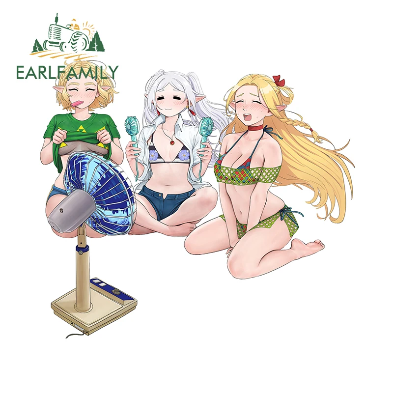EARLFAMILY 13cm x 11.7cm Summer Frieren Bikini Car Sticker Waifu Anime Luggage Auto Body Decal Funny Trunk Surfboard Accessories