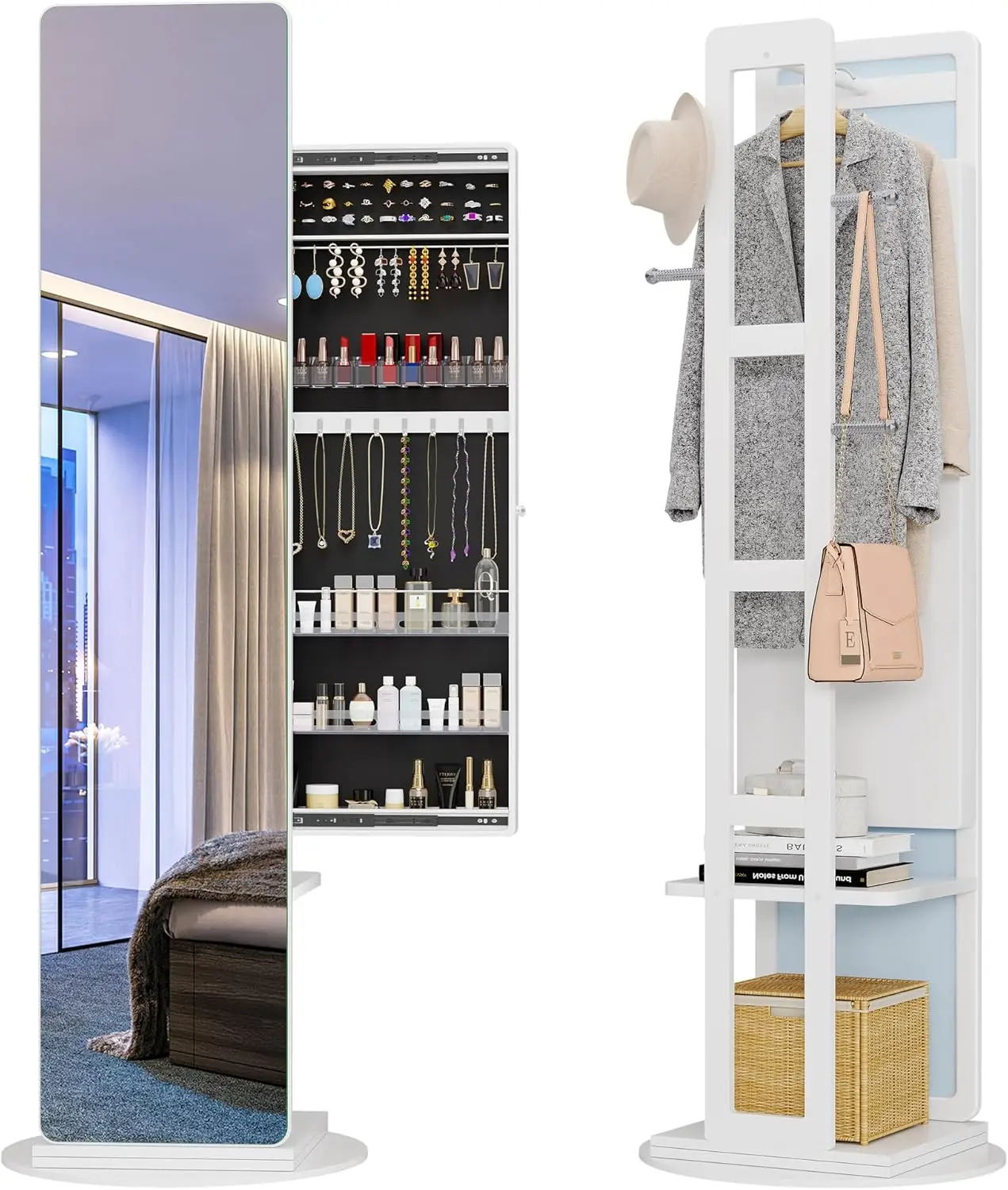 

360° Swivel Jewelry Armoire, Rotatable Full Length Mirror With Jewelry Storage, Standing Jewelry Cabinet With Coat Ra, White,