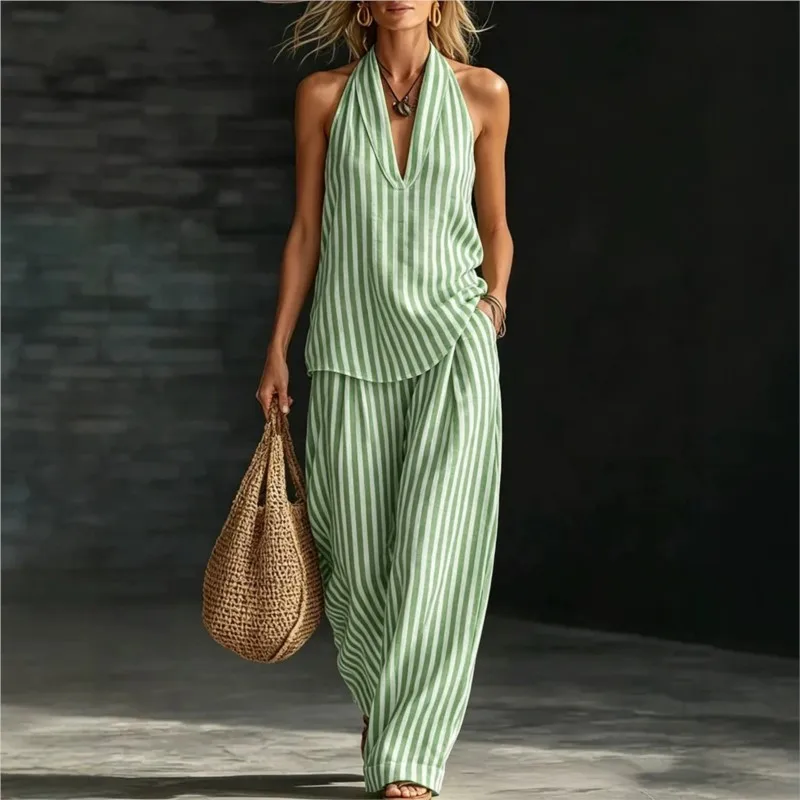 

Women's Casual Two-piece Set Spring Summer Striped Wide-leg Pants Halter Top Cotton And Linen Two-piece Set For Women Clothing
