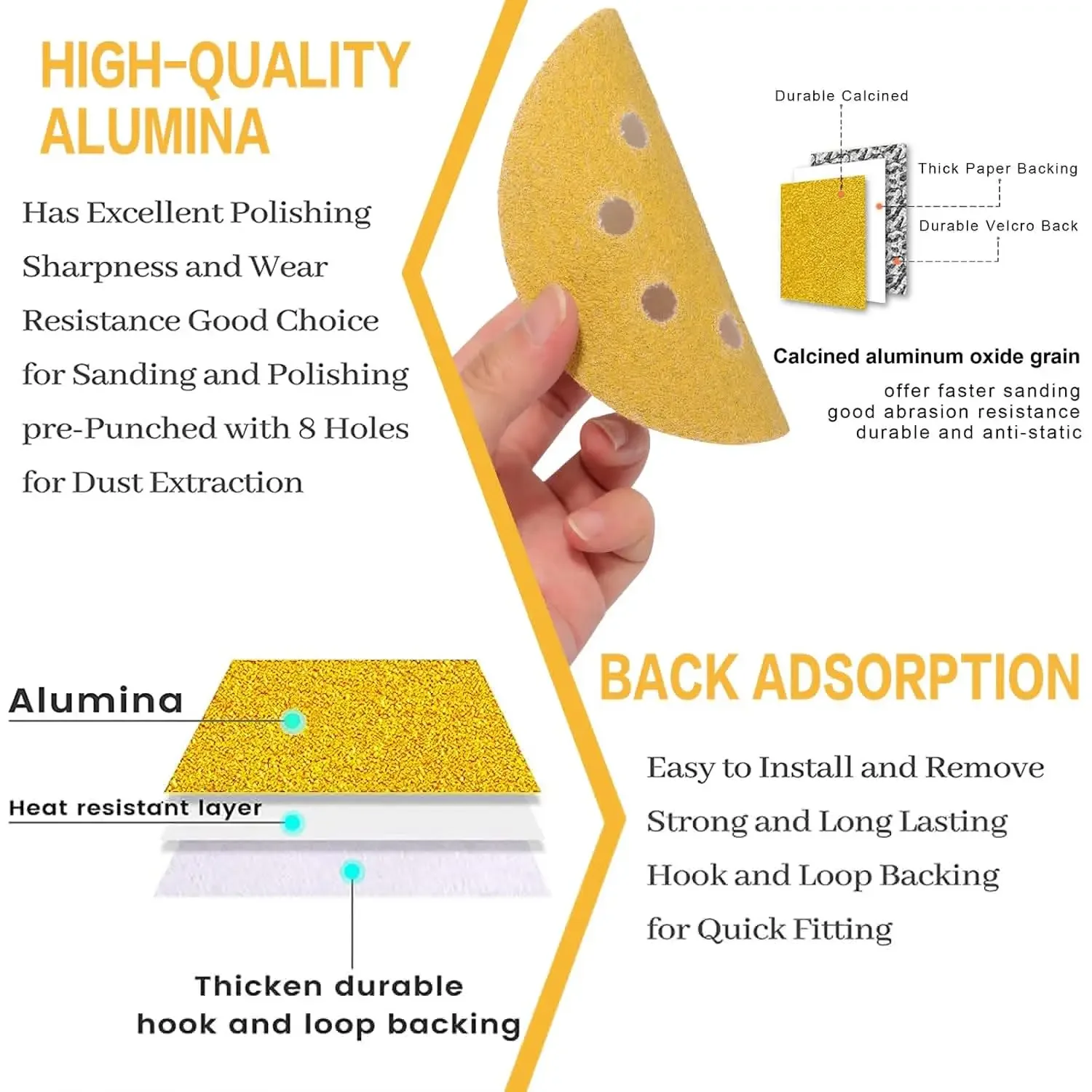 10-100PCS 5 Inch 8 Hole Sanding Discs 40-800 Grit,Gold Round Hook and Loop Sandpaper for Random Orbital Sander view 5
