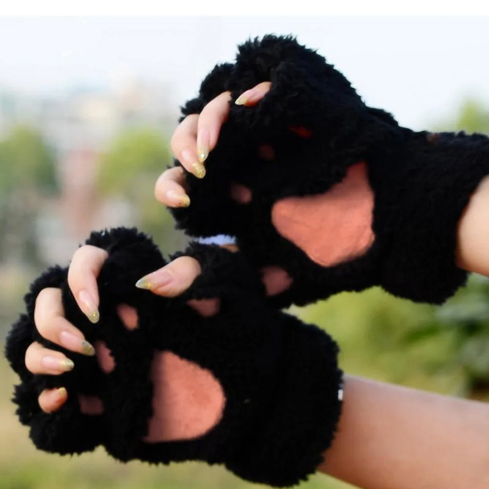 Plush Bear Cat Paw Claw Winter Gloves Soft Warm Flip Half Finger  Girls Christmas Gifts Mittens Women Cute Girls Christmas Gift