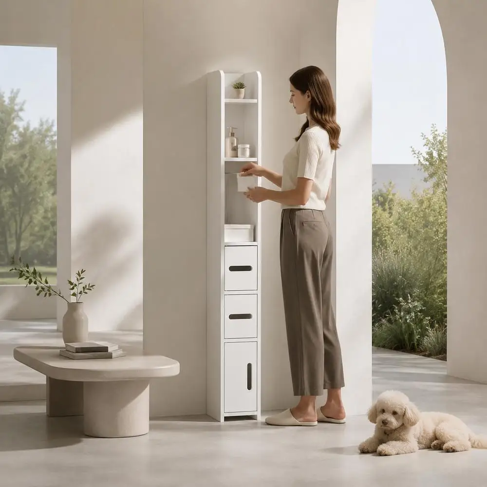 Meuble colonne de salle de bain, armoire haute pour toilettes avec étagères et placards X X cm Blanc