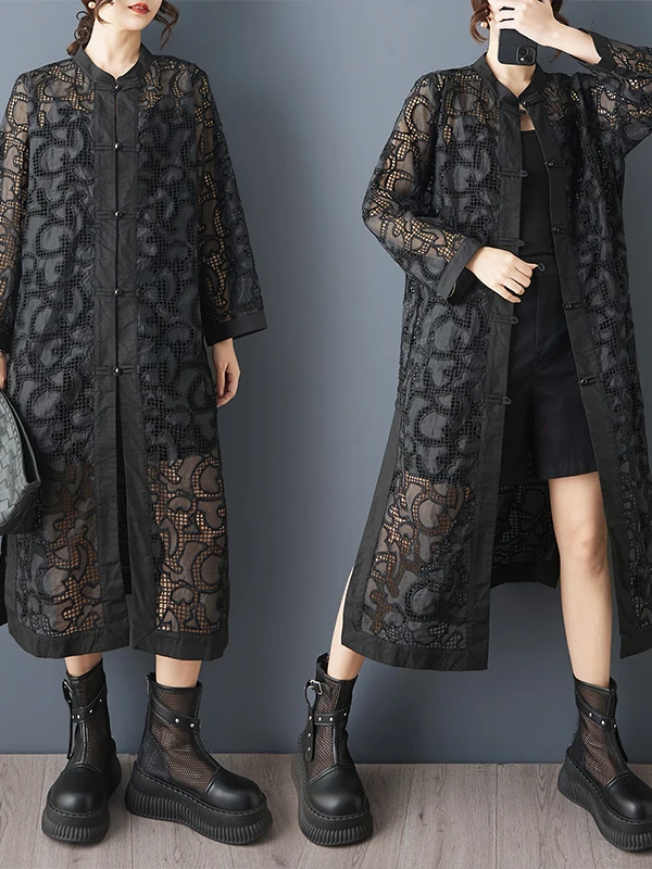 Chinese Style Embroidered Heavy Work Loose Fit Windbreaker Women's Fashion Autumn Outerwear Hollow out Design Versatile Coat