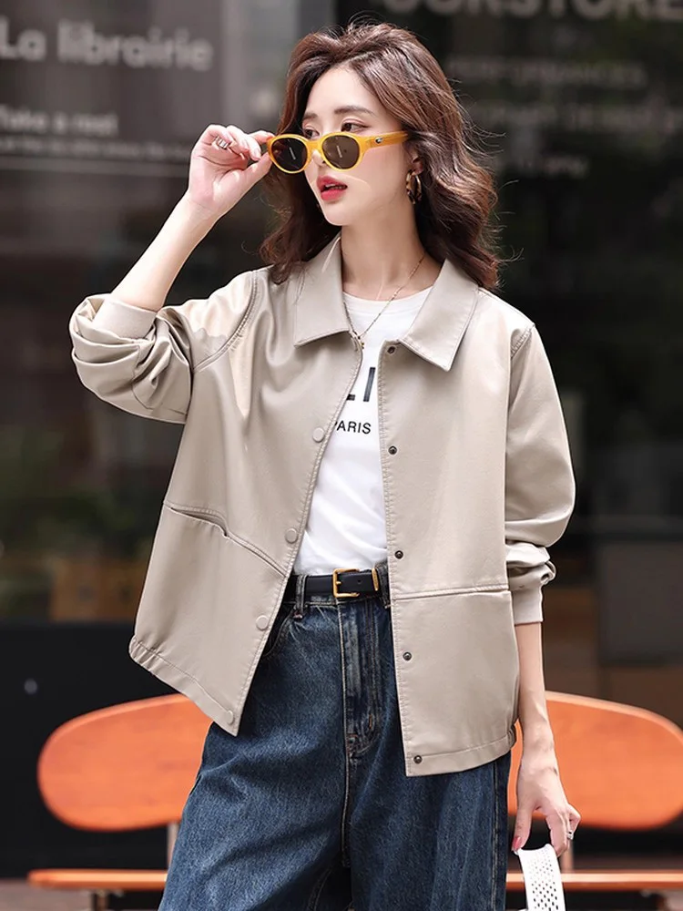 New Women Loose Split Leather Jacket Spring Autumn Fashion Turn-down Collar Long Sleeve Casual Leather Coat Basic Jacket Female