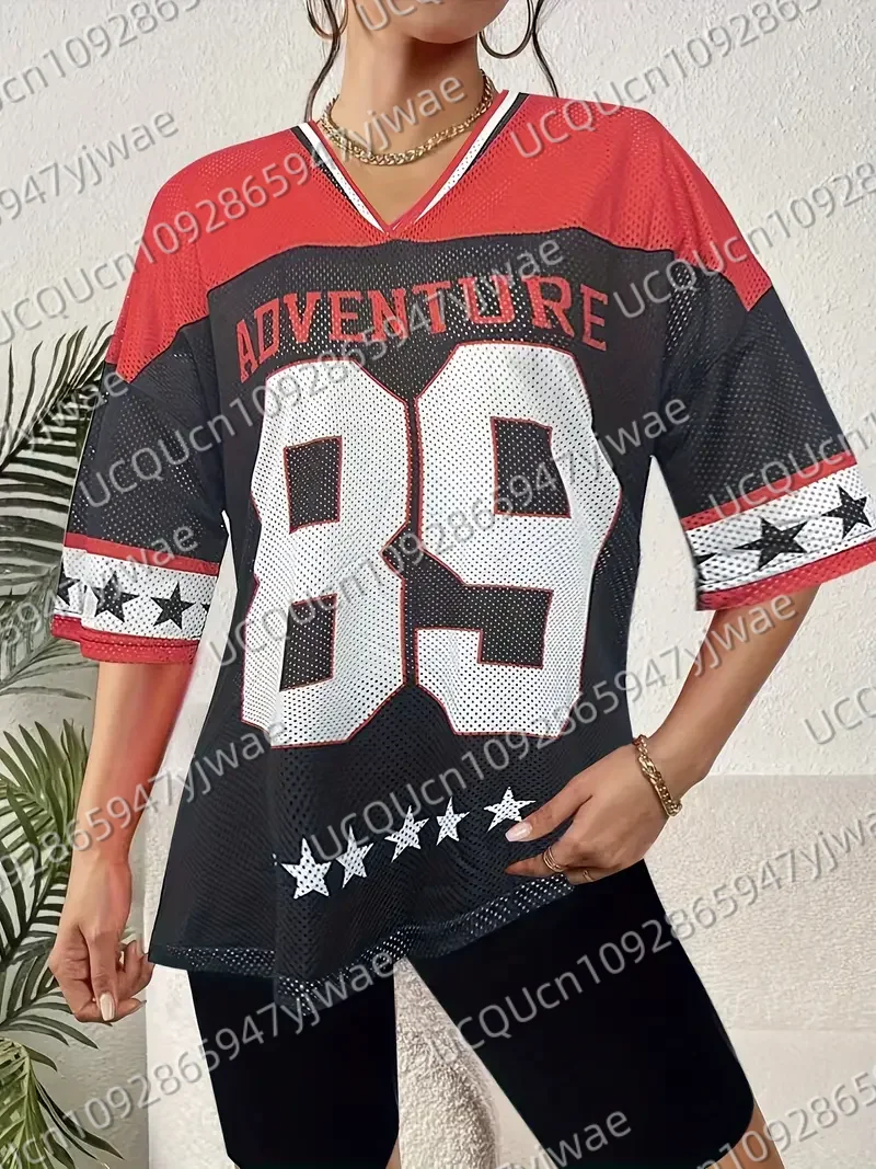 

Женская спортивная трикотажная футболка с v-образным вырезом и буквенным принтом No 89 Летняя повседневная одежда Спортивная сетчатая футболка со спущенными плечами Топы