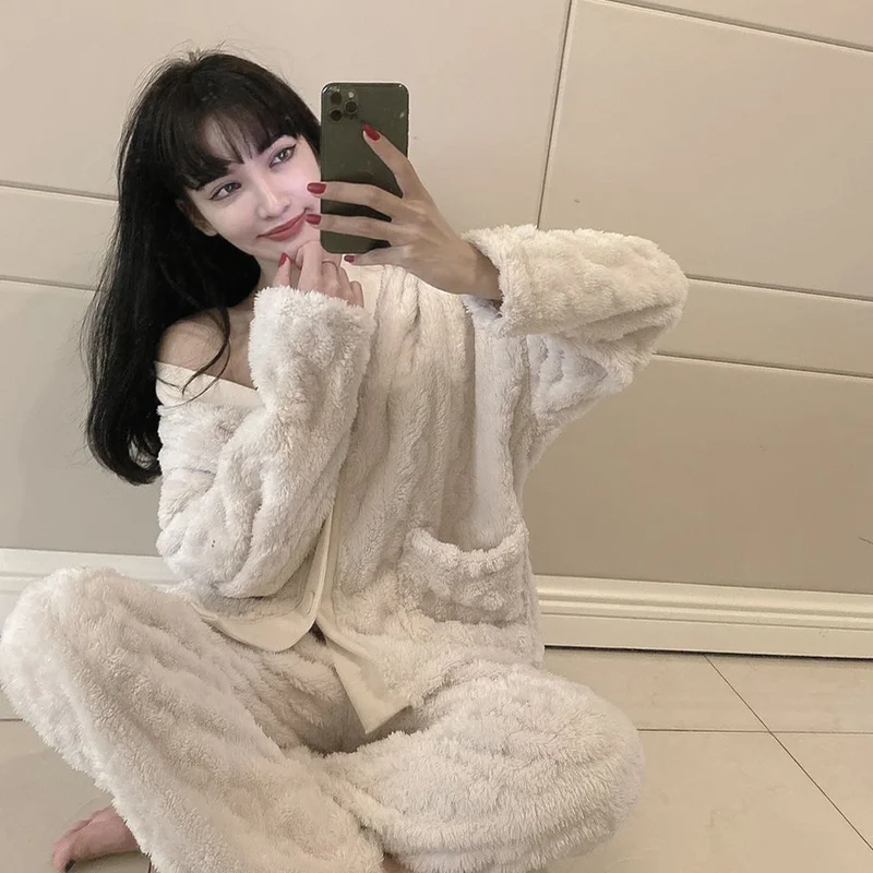 

Women's Coral Fce Pajamas Thiened Flannel Cardigan Home Clothes Set V-ne Long Sve Outerwear Winter Spwear