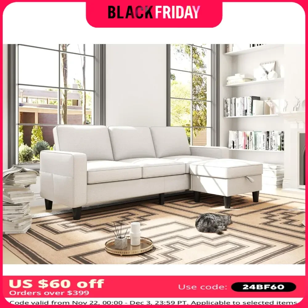 Convertible Sectional Sofa Couch with Storage Reversible Ottoman and Pockets 3-Seat L-Shaped Sectional Sofa Couch