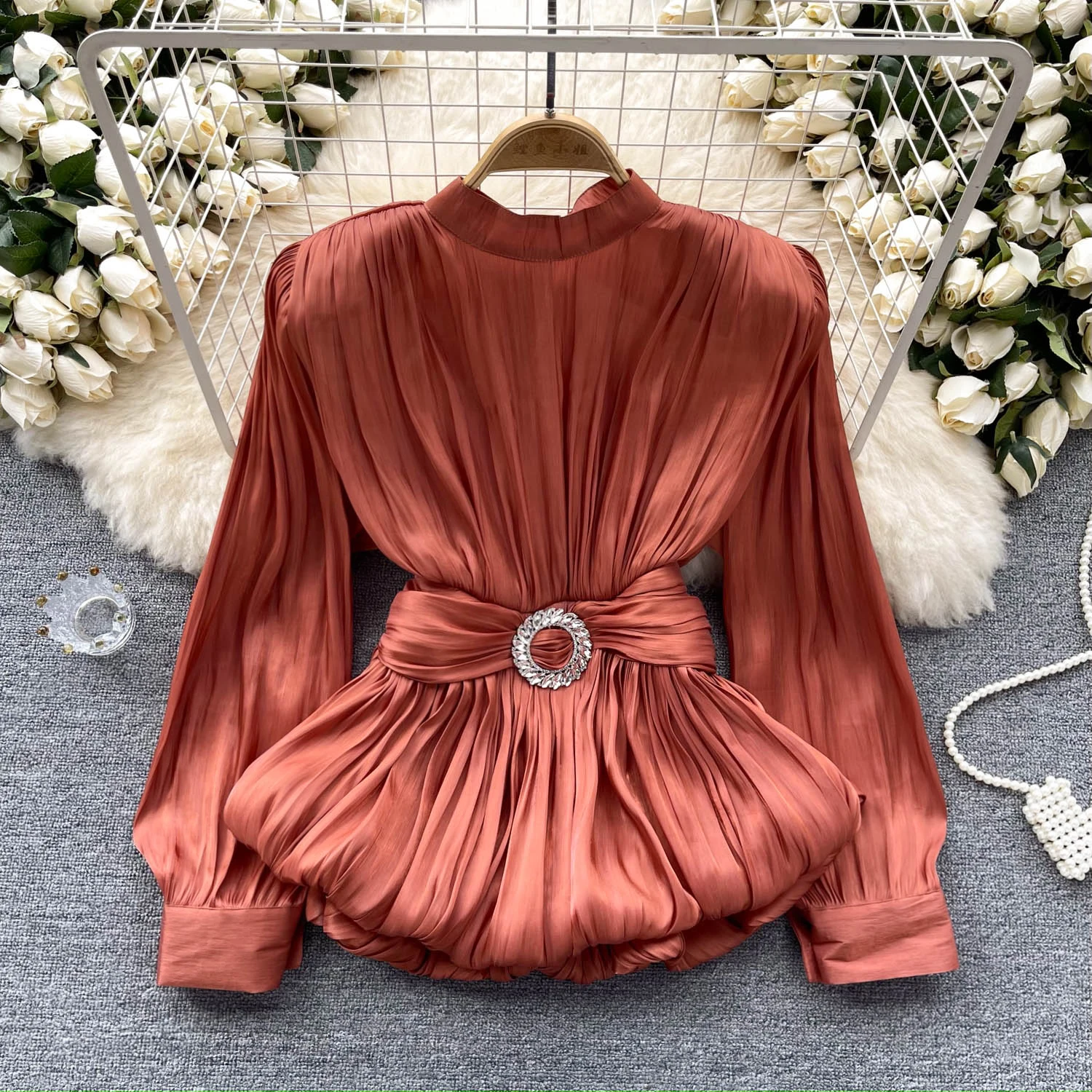 

High Quality Waistband Silk Shirt For Women Pleated Ruffle Hem Long Sleeve Autumn Blouse top Vintage Long Sleeve Shirt