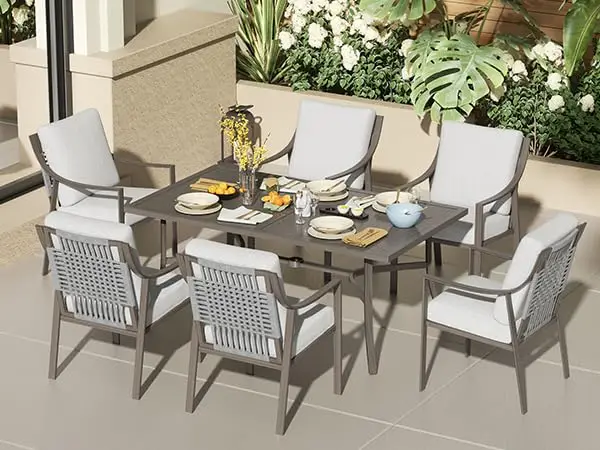 

7 Piece Patio Dining Set for 6, Fixed Chairs with Olefin Cushions, 65" Table with Umbrella Hole, Customized